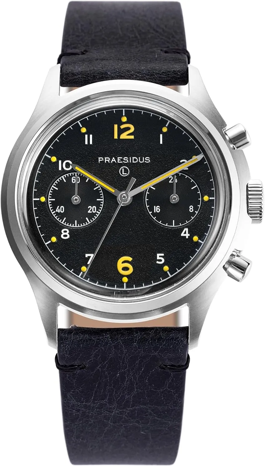𝗣𝗥𝗔𝗘𝗦𝗜𝗗𝗨𝗦 𝗧𝗵𝗲 𝗣𝗔𝗖-𝟳𝟲 Men's Military Chronograph Watch, 38mm, Yellow Indexes, Black Dial, Stainless Steel Bonklip/Leather/Canvas Bracelet