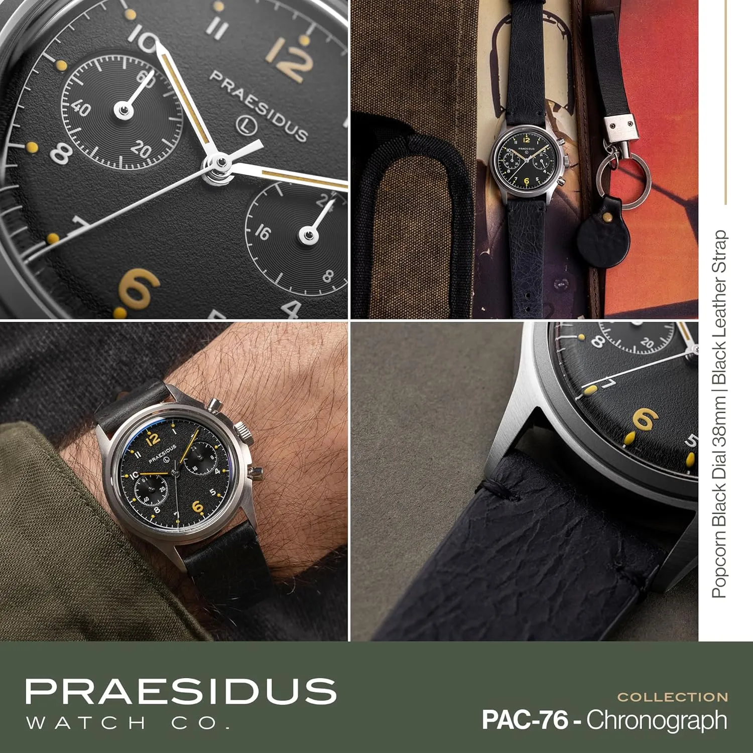𝗣𝗥𝗔𝗘𝗦𝗜𝗗𝗨𝗦 𝗧𝗵𝗲 𝗣𝗔𝗖-𝟳𝟲 Men's Military Chronograph Watch, 38mm, Yellow Indexes, Black Dial, Stainless Steel Bonklip/Leather/Canvas Bracelet