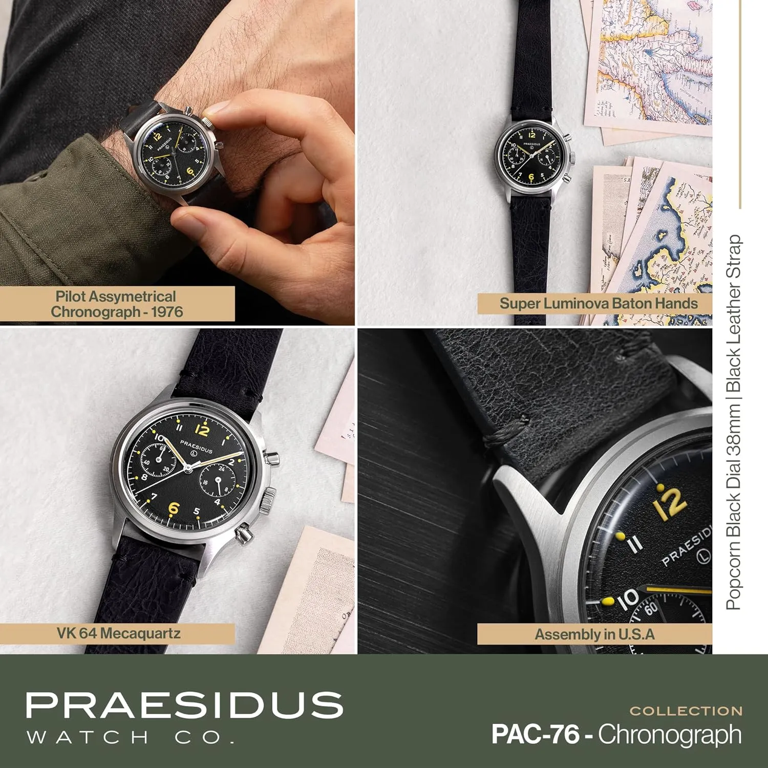 𝗣𝗥𝗔𝗘𝗦𝗜𝗗𝗨𝗦 𝗧𝗵𝗲 𝗣𝗔𝗖-𝟳𝟲 Men's Military Chronograph Watch, 38mm, Yellow Indexes, Black Dial, Stainless Steel Bonklip/Leather/Canvas Bracelet