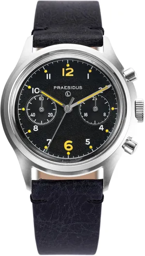 𝗣𝗥𝗔𝗘𝗦𝗜𝗗𝗨𝗦 𝗧𝗵𝗲 𝗣𝗔𝗖-𝟳𝟲 Men's Military Chronograph Watch, 38mm, Yellow Indexes, Black Dial, Stainless Steel Bonklip/Leather/Canvas Bracelet