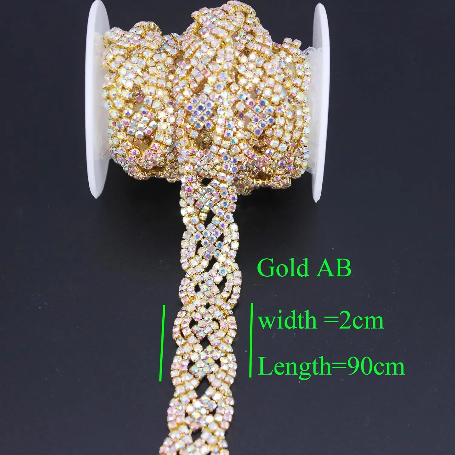 1 Yard Cross-Shape AB Color Symphony Crystal Rhinestones Trim Metal Chain Ribbon for Dress, Bag, Shoes Accessories (Gold AB-1)