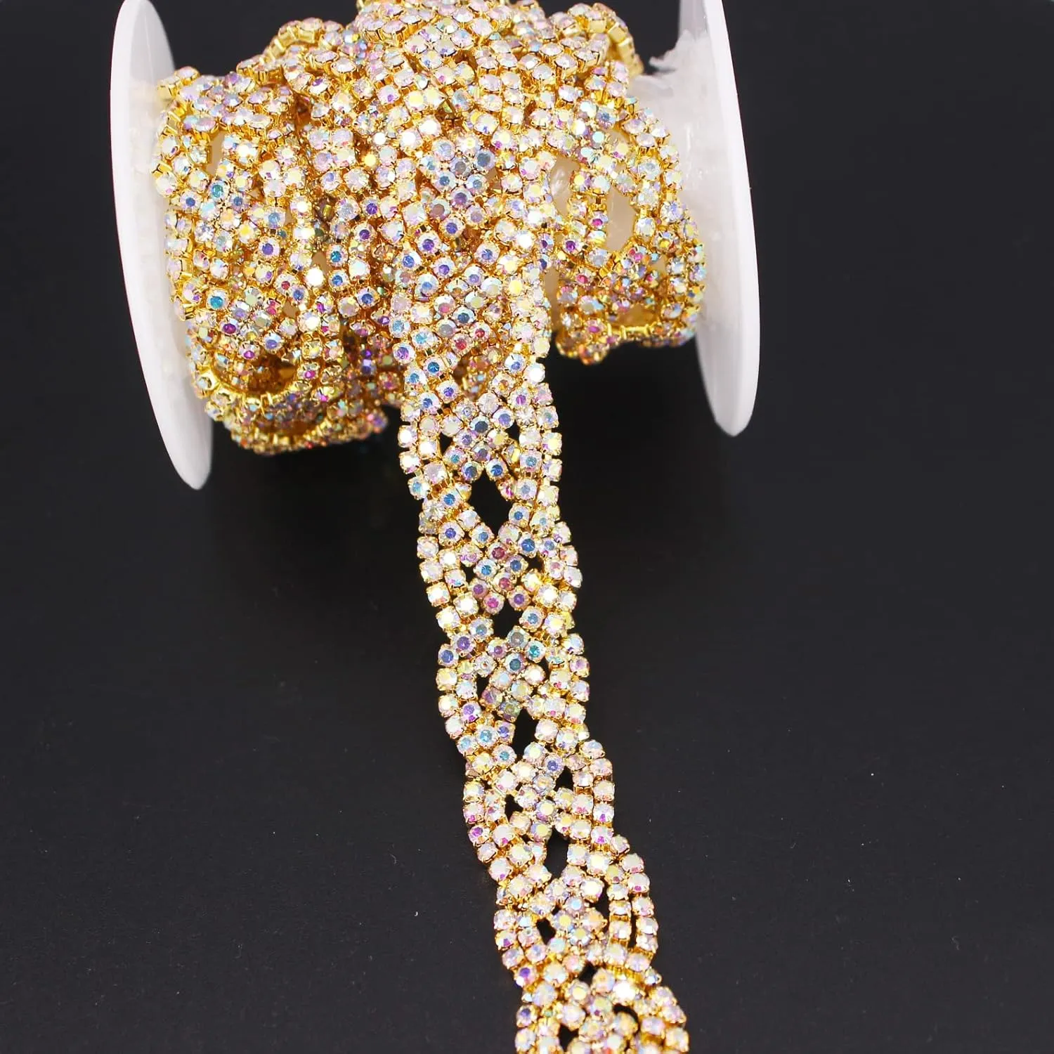 1 Yard Cross-Shape AB Color Symphony Crystal Rhinestones Trim Metal Chain Ribbon for Dress, Bag, Shoes Accessories (Gold AB-1)