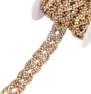 1 Yard Cross-Shape AB Color Symphony Crystal Rhinestones Trim Metal Chain Ribbon for Dress, Bag, Shoes Accessories (Gold AB-1)