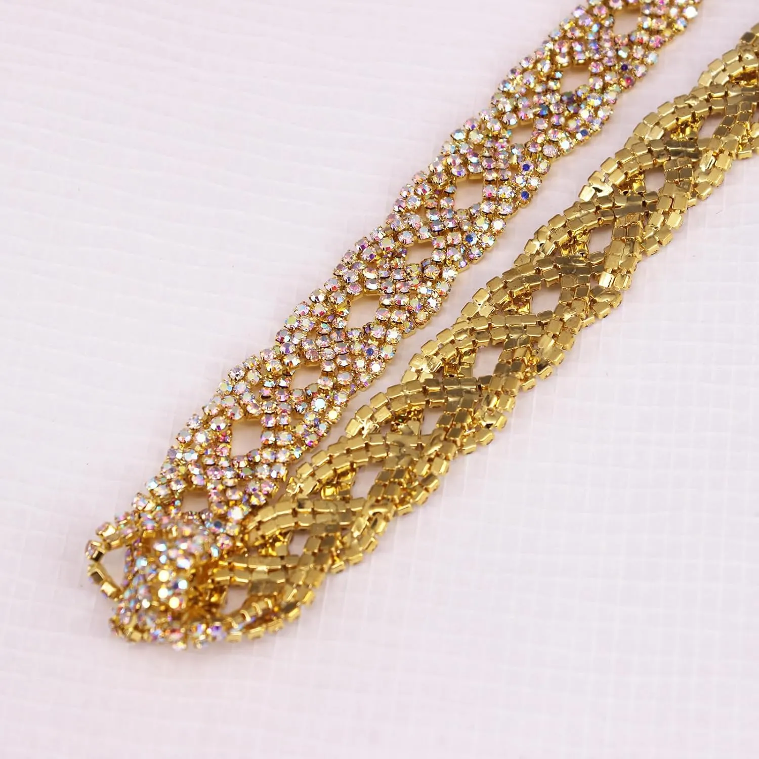 1 Yard Cross-Shape AB Color Symphony Crystal Rhinestones Trim Metal Chain Ribbon for Dress, Bag, Shoes Accessories (Gold AB-1)