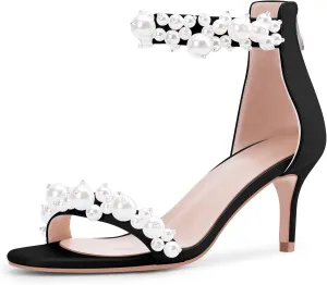100FIXEO Women's Pearl Low Kitten Heel Ankle Strap Heeled Sandals Open Toe Wedding Bride Dress Shoes
