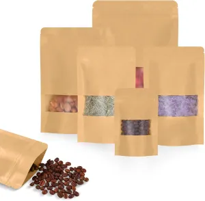 100pcs Kraft Bags with Window 4.7x7.8 Inches Brown Reusable Sealable Zip Lock Food Storage Stand up Paper Pouches for Home or Business