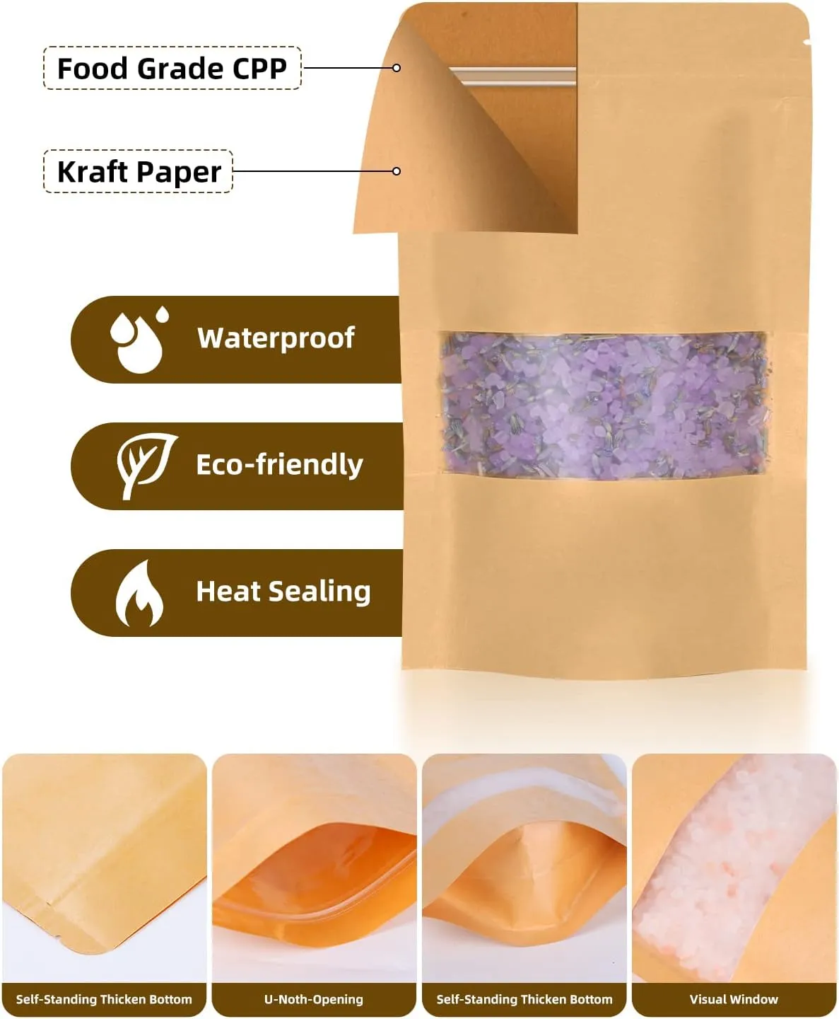 100pcs Kraft Bags with Window 4.7x7.8 Inches Brown Reusable Sealable Zip Lock Food Storage Stand up Paper Pouches for Home or Business