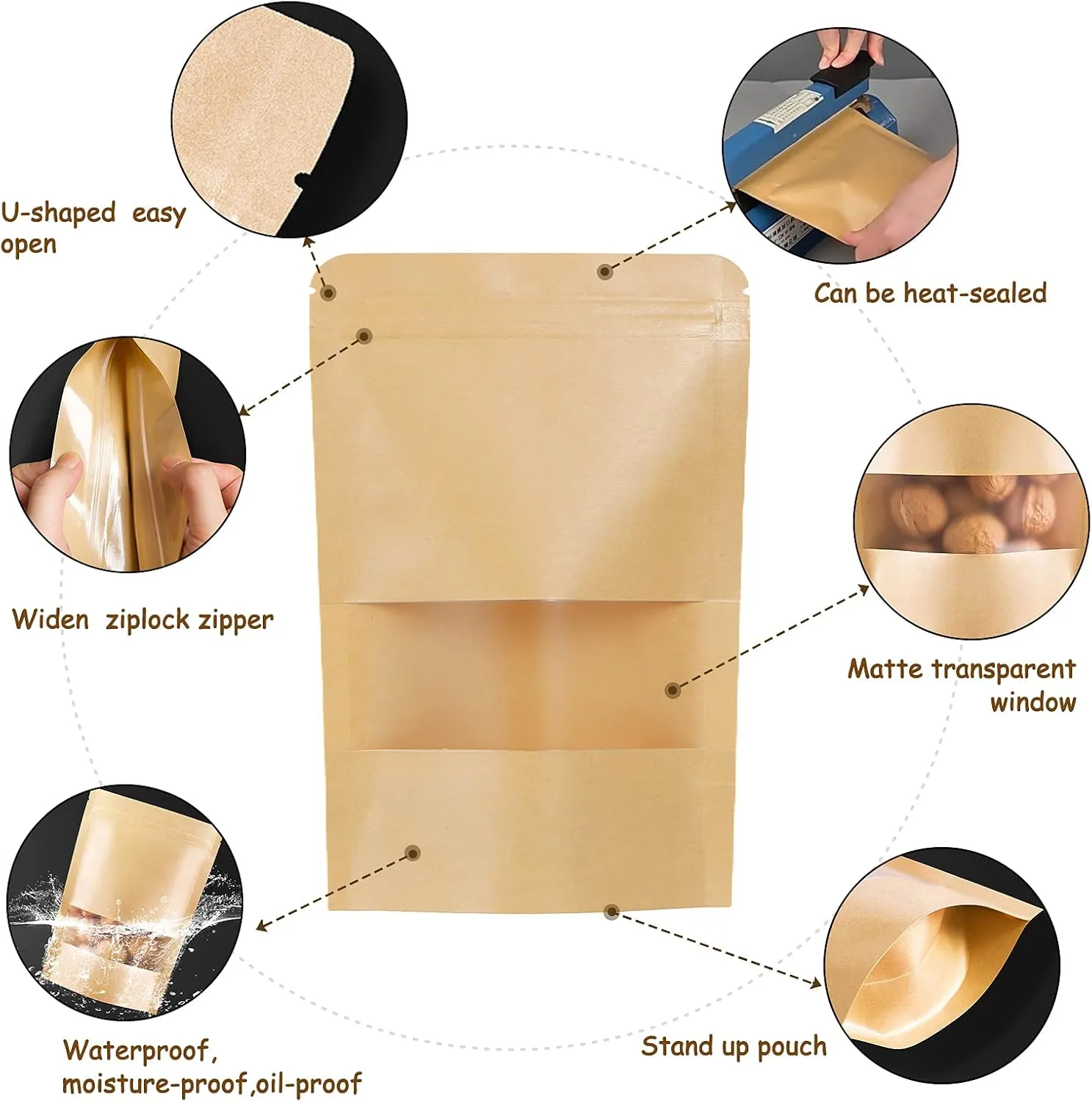 100pcs Kraft Bags with Window 4.7x7.8 Inches Brown Reusable Sealable Zip Lock Food Storage Stand up Paper Pouches for Home or Business