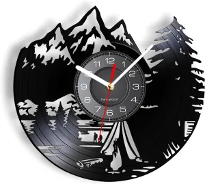 12 Inch Vinyl Record Clock Mountain Range Rest Time Camping Vinyl Recprd Wall Clock Nature Landscape Hiking Outdoor Adventure Art Timepieces for Vintage Room Decoration