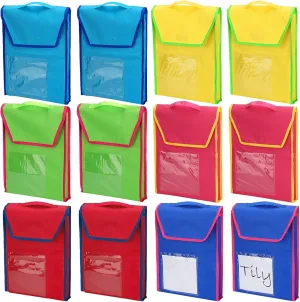 12 Sets Book Bags for Classroom Bulk Book Pouches Reading Book Bag with 15 Pcs Name Tags for Kids Students School, 15 x 11.8 Inch