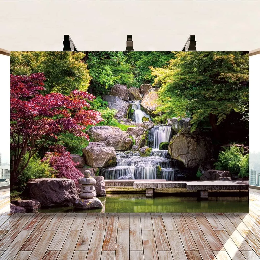 12x10ft Large Size Japan Garden Landscape Backdrop Retro Style Park View Photography Background Waterfall Maple Trees Bridge Kyoto Garden Travel Children Adult Portrait Photo Studio Props 12x10