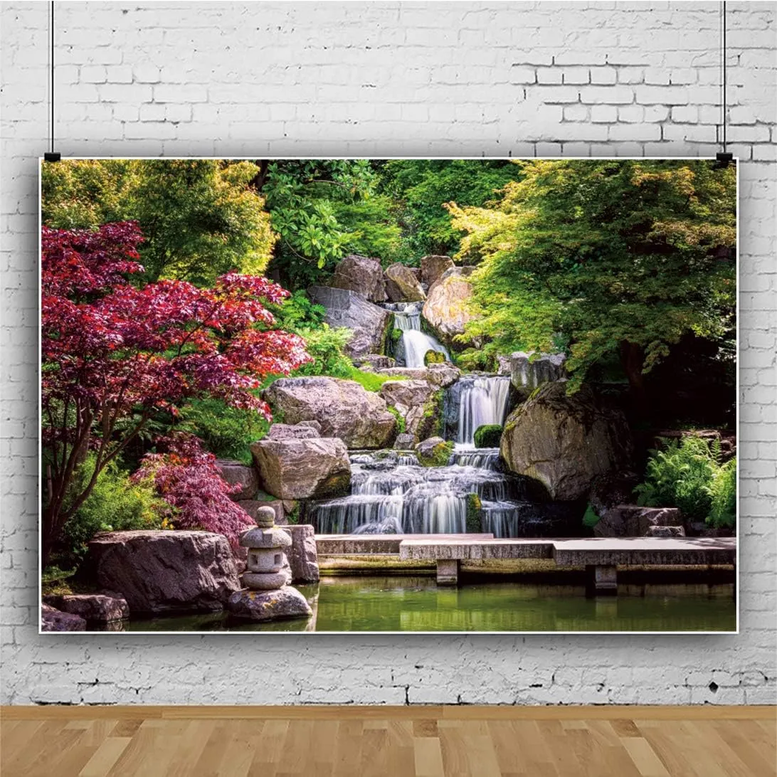 12x10ft Large Size Japan Garden Landscape Backdrop Retro Style Park View Photography Background Waterfall Maple Trees Bridge Kyoto Garden Travel Children Adult Portrait Photo Studio Props 12x10