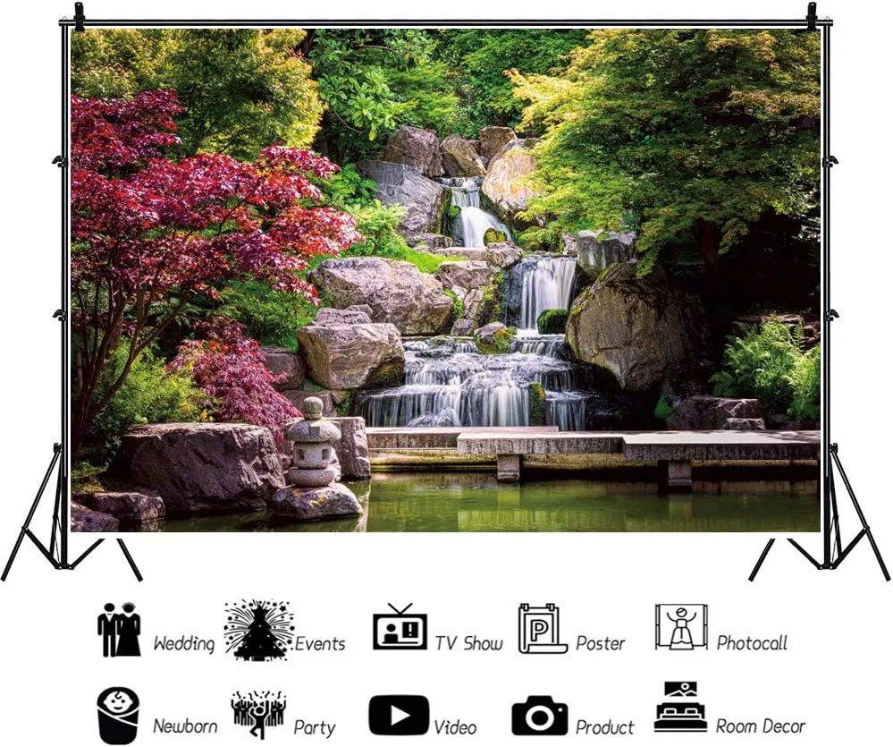 12x10ft Large Size Japan Garden Landscape Backdrop Retro Style Park View Photography Background Waterfall Maple Trees Bridge Kyoto Garden Travel Children Adult Portrait Photo Studio Props 12x10