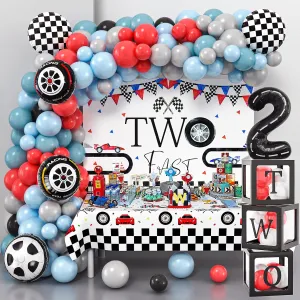 134 Two Fast Birthday Decorations Race Car Party Supplies for 2 Year Old Boy Racing Balloon Garland Arch Kit Backdrop Tablecloth Box Crown Wheel Checkered Balloon 2nd Two Fast Birthday Decor
