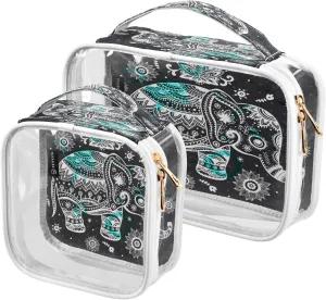 2 Pack Clear Makeup Bag, African Triba Vintage Lotus Elephant Car Pouches For Organization Waterproof Travel Toiletry Bags For Women Girl