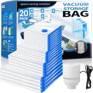 20 Pack Vacuum Storage Bags with Electric Pump, 4Jumbo/ 4Large/ 4Medium/ 4Small/ 4Roll Compression Space Saver Vacuum Seal Bags for Clothing Travel Luggage Comforters Blankets Pillows Bedding