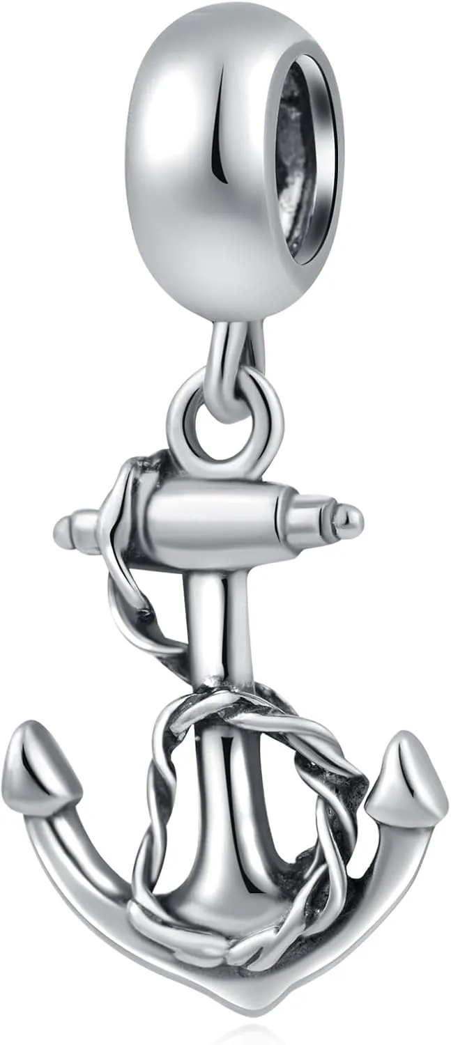 2025 Anchor Charms Dangle fit Pandora Ocean Bracelet, Antique 925 Sterling Silver US Navy Ship Anchor and Rope Pendant Beads, Cruise Charm Gifts for Army Wife/Dad/Christmas