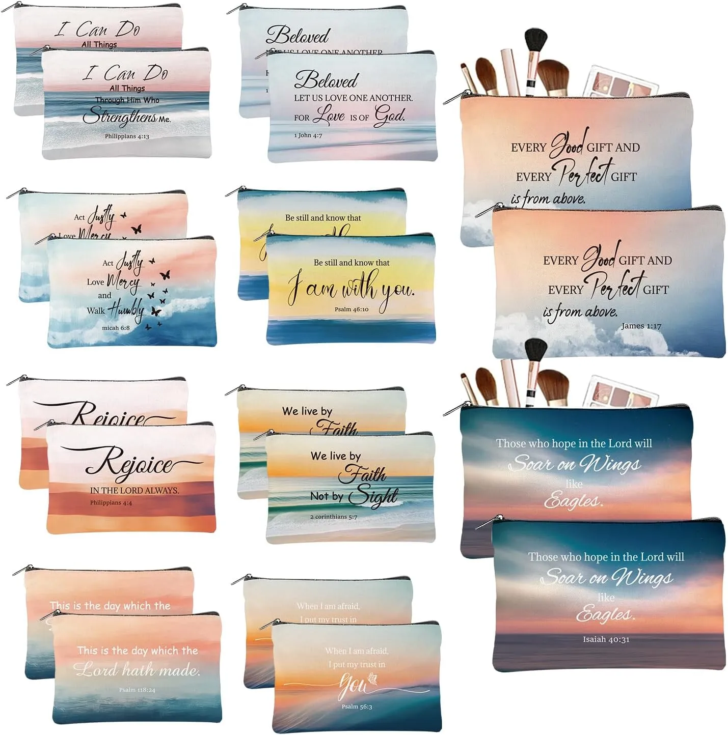 20PCS Christian Inspirational Cosmetic Bags for Women Religious Makeup Bags Bulk Christian Gifts for Women Bible Verse Canvas Zipper Pouch for Mother's Day Sister Employee Gifts(Scenery)