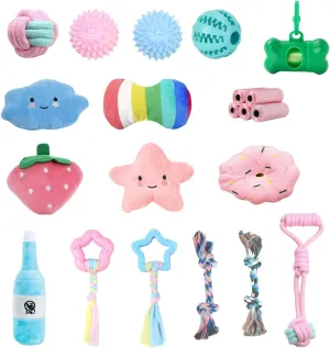 21 Pack Pink Small Dog Toy Pack, Poop Bag Holders for Leashes, Dog Chew Ball, Rope Dog Toy, Treat Ball for Dogs, Rope Toys for Small Dogs, Squeaky Plush Toys for Aggressive Chewers