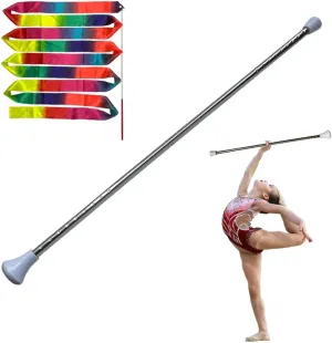 24-Inch Twirling Baton Spinning Dance Baton Metal Rhythmic Gymnastics Conducting Batons for Child in Majorette-Complete with 1 Dance Ribbon Rainbow Streamer (White,1 Pack)