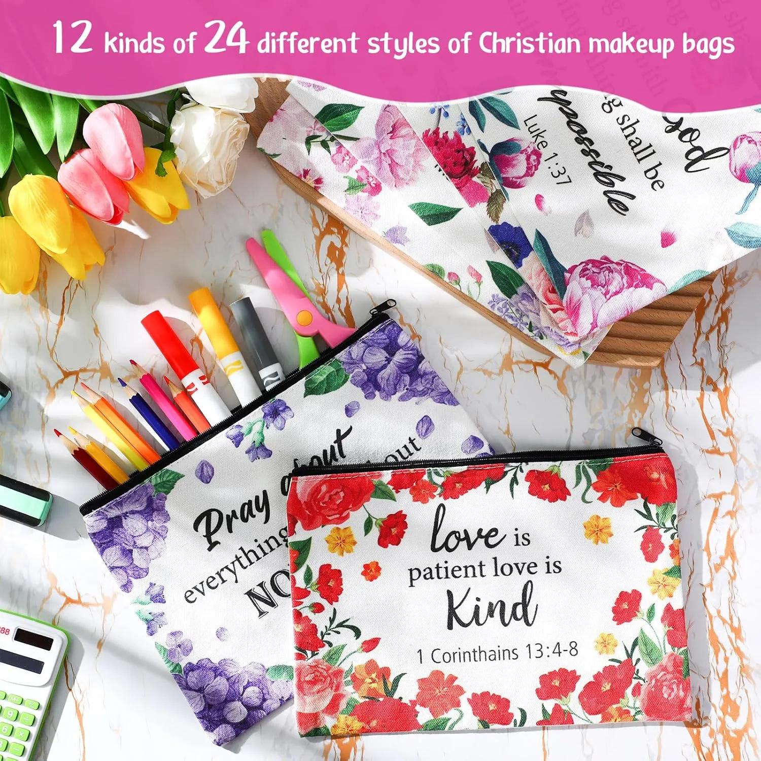 24 Pcs Christian Makeup Bag Bible Cosmetic Bags Inspirational Bible Verse Toiletry Pouches Canvas Motivational Pouches with Zipper for Women Organize Cosmetics Toiletries Stationery(Floral)