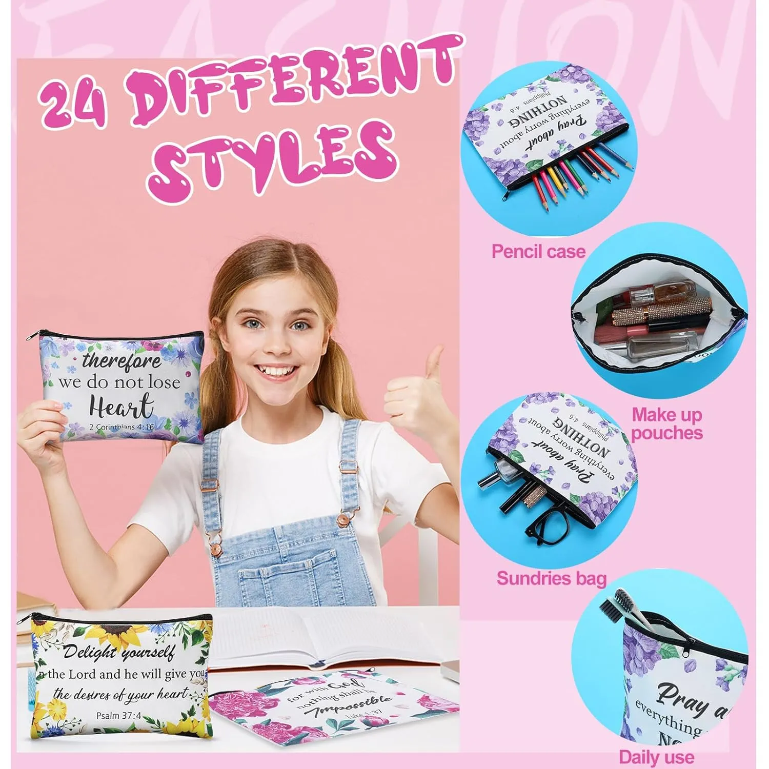 24 Pcs Christian Makeup Bag Bible Cosmetic Bags Inspirational Bible Verse Toiletry Pouches Canvas Motivational Pouches with Zipper for Women Organize Cosmetics Toiletries Stationery(Floral)