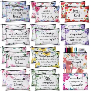 24 Pcs Christian Makeup Bag Bible Cosmetic Bags Inspirational Bible Verse Toiletry Pouches Canvas Motivational Pouches with Zipper for Women Organize Cosmetics Toiletries Stationery(Floral)