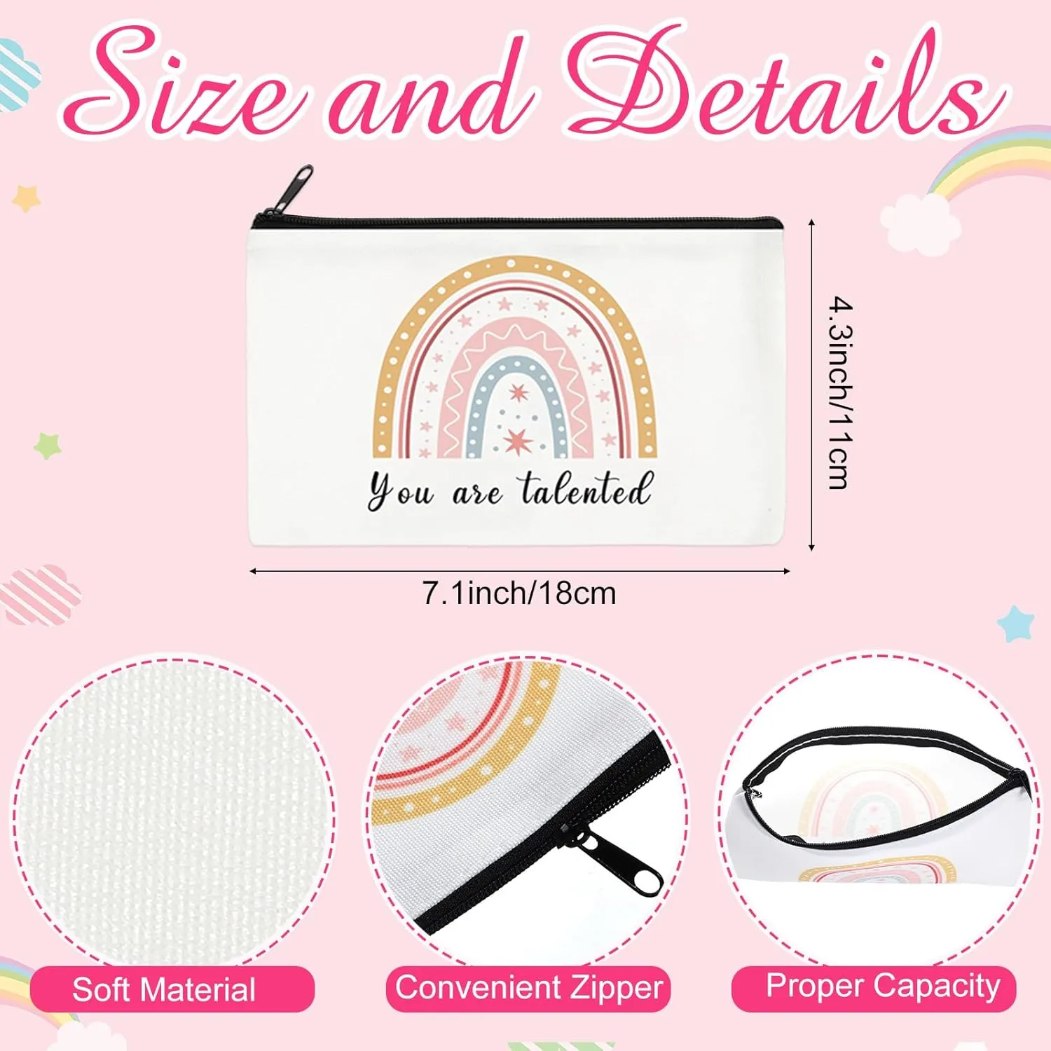 24 Pcs Rainbow Cosmetic Bags Motivational Quotes Makeup Bag Inspirational Makeup Pouch with Zipper Inspirational Gifts for Women Coin Purse for Teacher Graduation Birthday Party (Elegant)