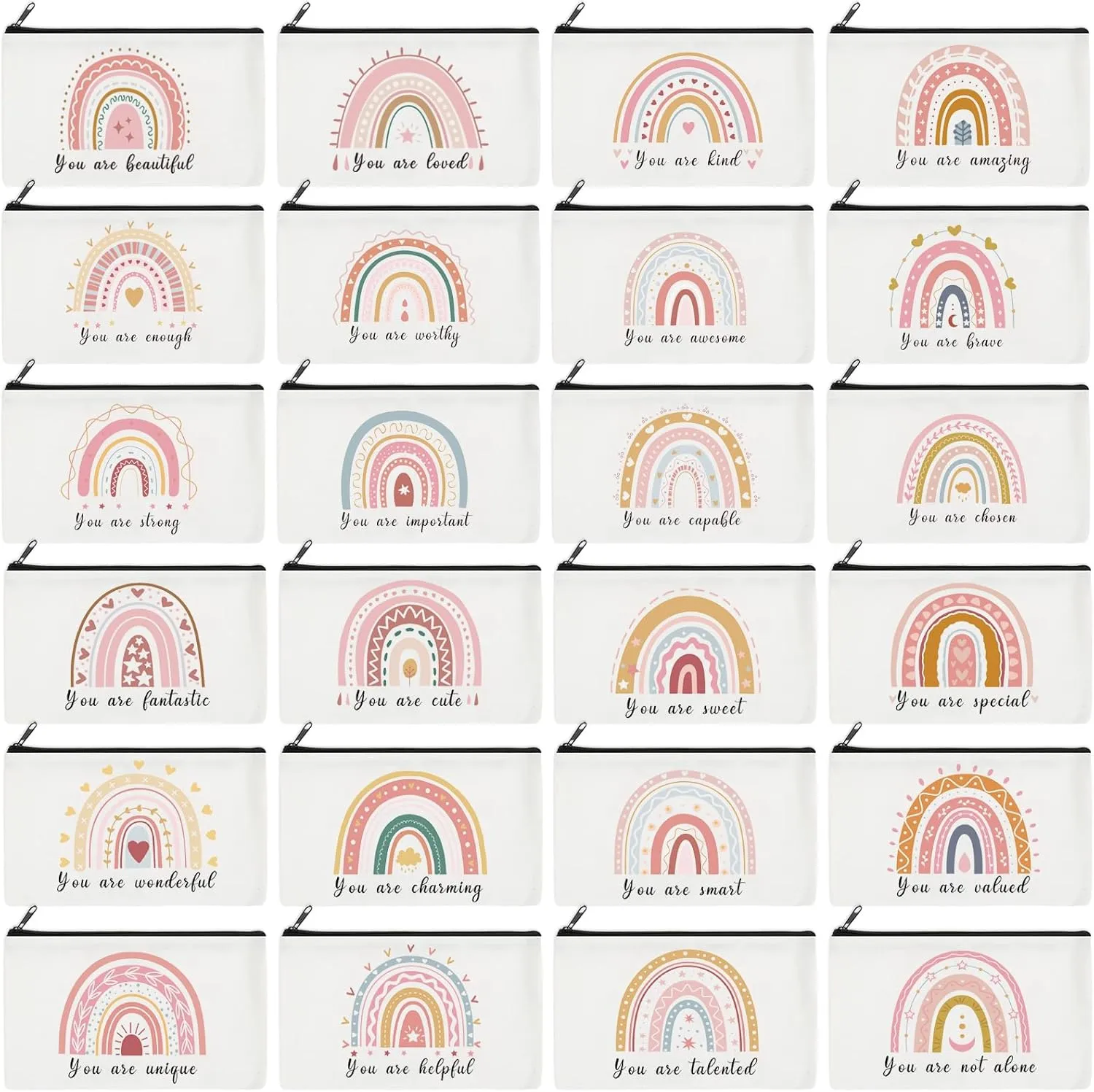 24 Pcs Rainbow Cosmetic Bags Motivational Quotes Makeup Bag Inspirational Makeup Pouch with Zipper Inspirational Gifts for Women Coin Purse for Teacher Graduation Birthday Party (Elegant)