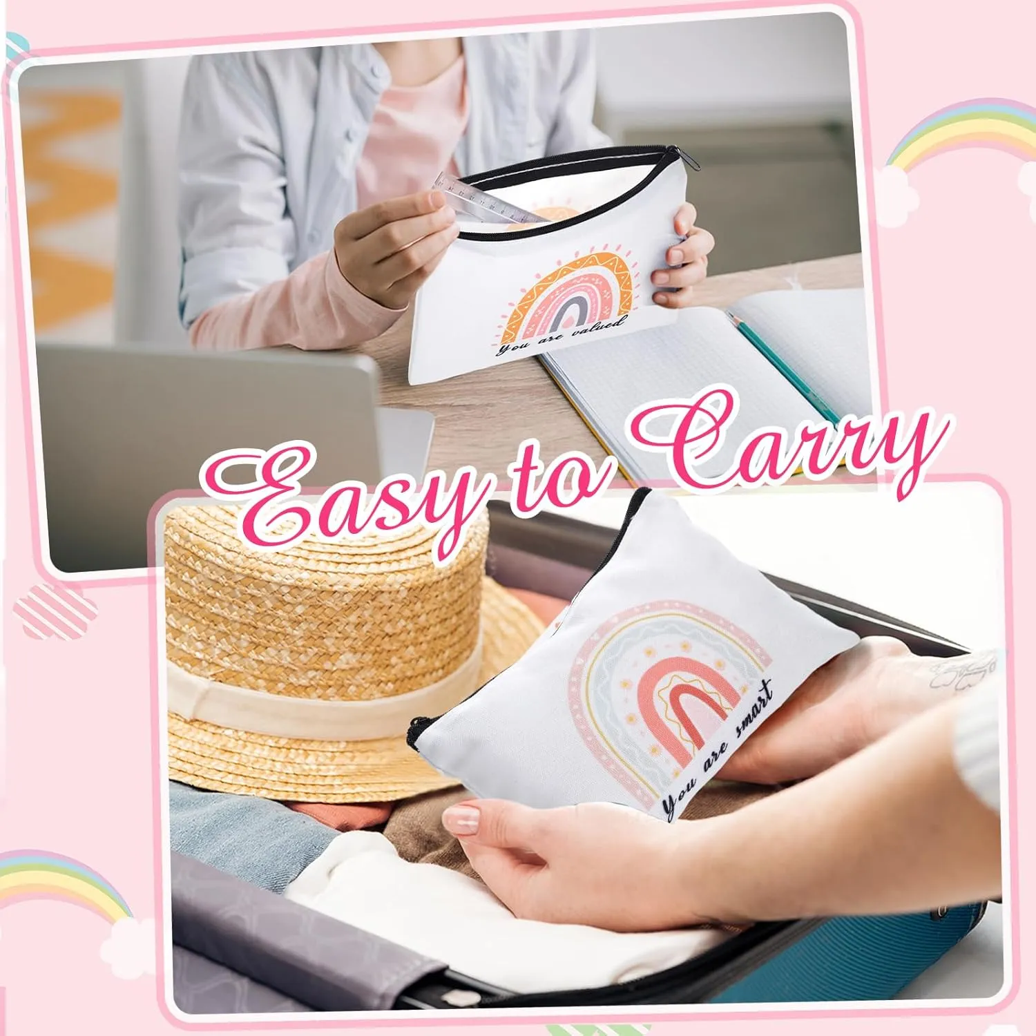 24 Pcs Rainbow Cosmetic Bags Motivational Quotes Makeup Bag Inspirational Makeup Pouch with Zipper Inspirational Gifts for Women Coin Purse for Teacher Graduation Birthday Party (Elegant)