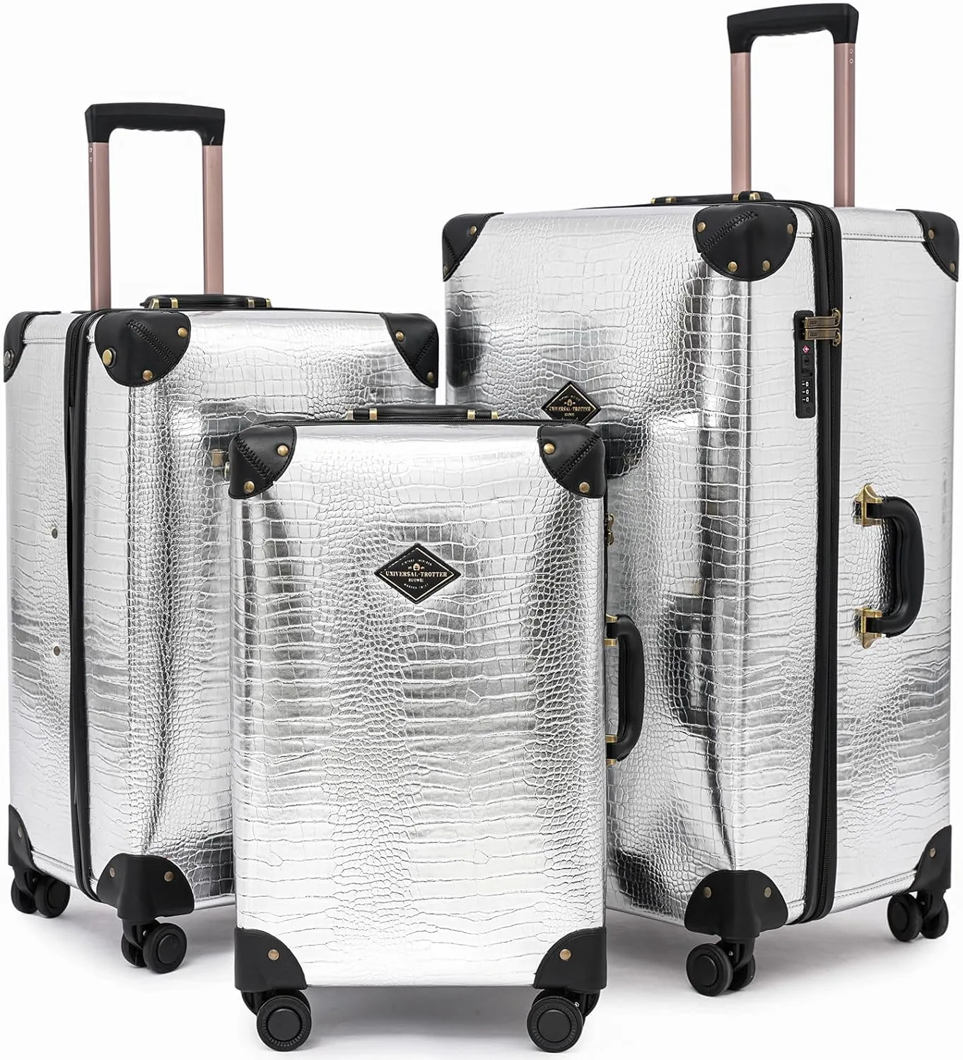 3 Piece Large Capacity Hardside Suitcase Set with TSA Lock,Luxury Vintage Style Maletas De Viaje, for Men And Women Carry On Luggage Set，Silver