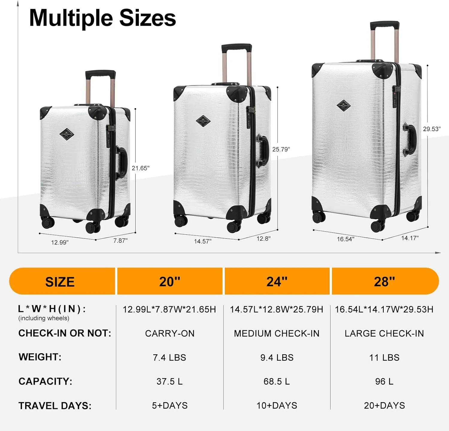 3 Piece Large Capacity Hardside Suitcase Set with TSA Lock,Luxury Vintage Style Maletas De Viaje, for Men And Women Carry On Luggage Set，Silver