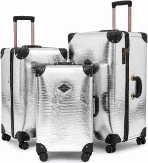 3 Piece Large Capacity Hardside Suitcase Set with TSA Lock,Luxury Vintage Style Maletas De Viaje, for Men And Women Carry On Luggage Set，Silver