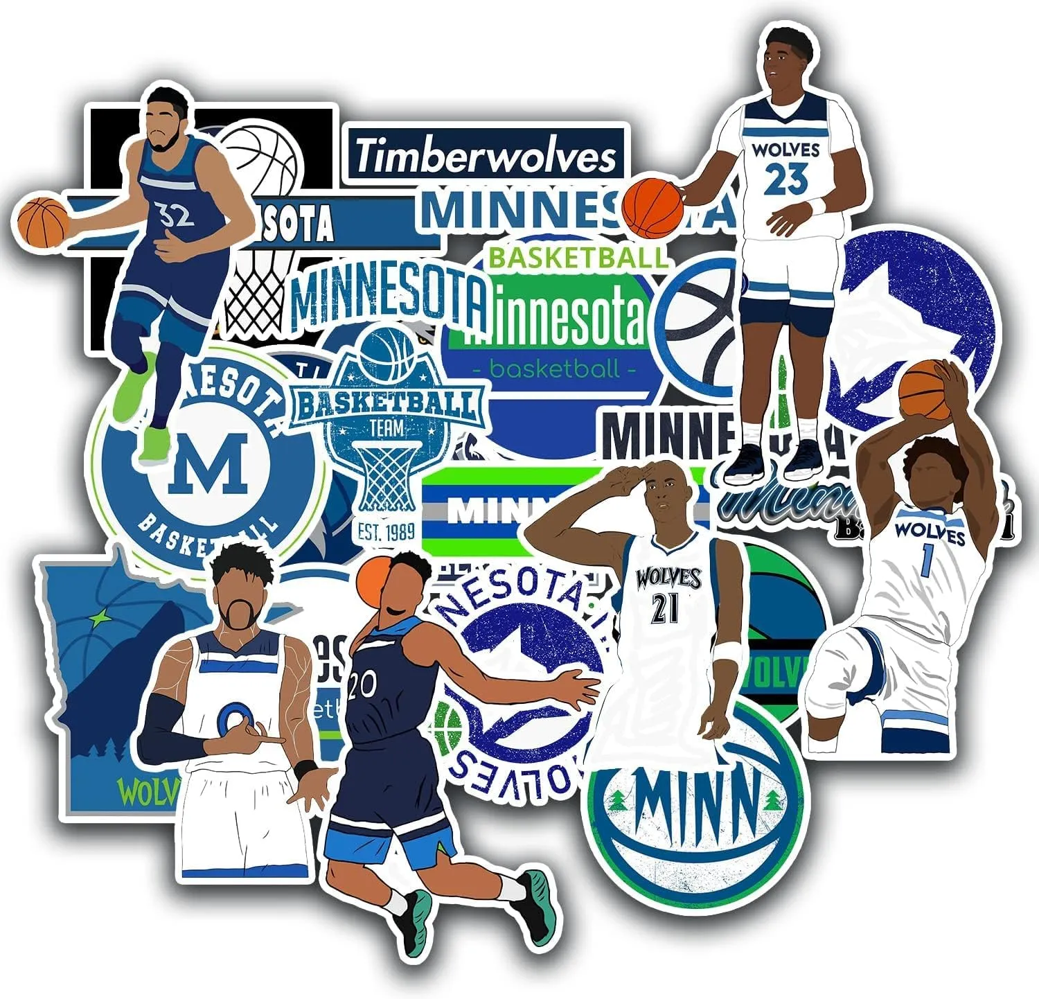 30 PCS Minnesota Stickers Vinyl Timberwolves Stickers Pack Basketball Stickers for Water Bottle, Laptop, Bicycle, Computer, Motorcycle, Travel Case, Car Decal Decoration Sticker 2-2.5 inches