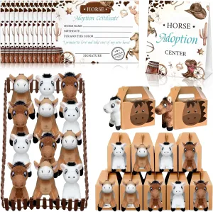 38 Pcs Horse Adopt Party Favor Include 12 4.72 Inch Horse Stuffed Animals 12 Foldable Horses Boxes 12 Adoption Certificates 1 Adoption Card 1 Fence for Adopt a Pony