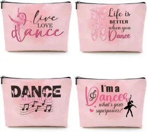 4 Pcs Dance Makeup Bag, Dancer Gifts, Dance Gifts Dance Stuff Cosmetic Bag Dance Recital Gifts for Girls Women Friends Teammates Travel Toiletry Bag, Dance Teacher Gifts Graduation Birthday Gifts