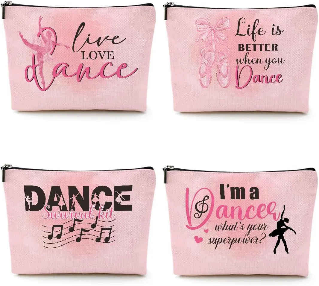 4 Pcs Dance Makeup Bag, Dancer Gifts, Dance Gifts Dance Stuff Cosmetic Bag Dance Recital Gifts for Girls Women Friends Teammates Travel Toiletry Bag, Dance Teacher Gifts Graduation Birthday Gifts