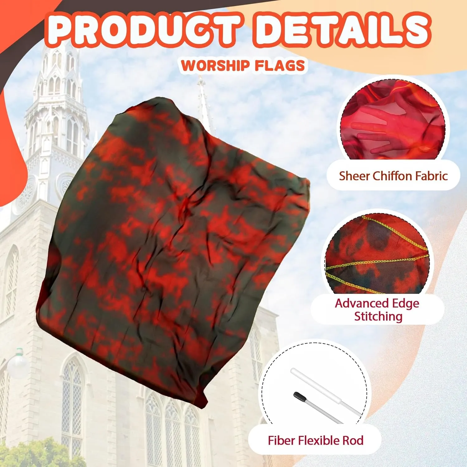 54"x45" Worship Flags for Dance Church, Praise Dance Flags for Worship, Silk-like Chiffon Flag with Flexible Rod & Carrying Bag, Set of 2, Red-Black
