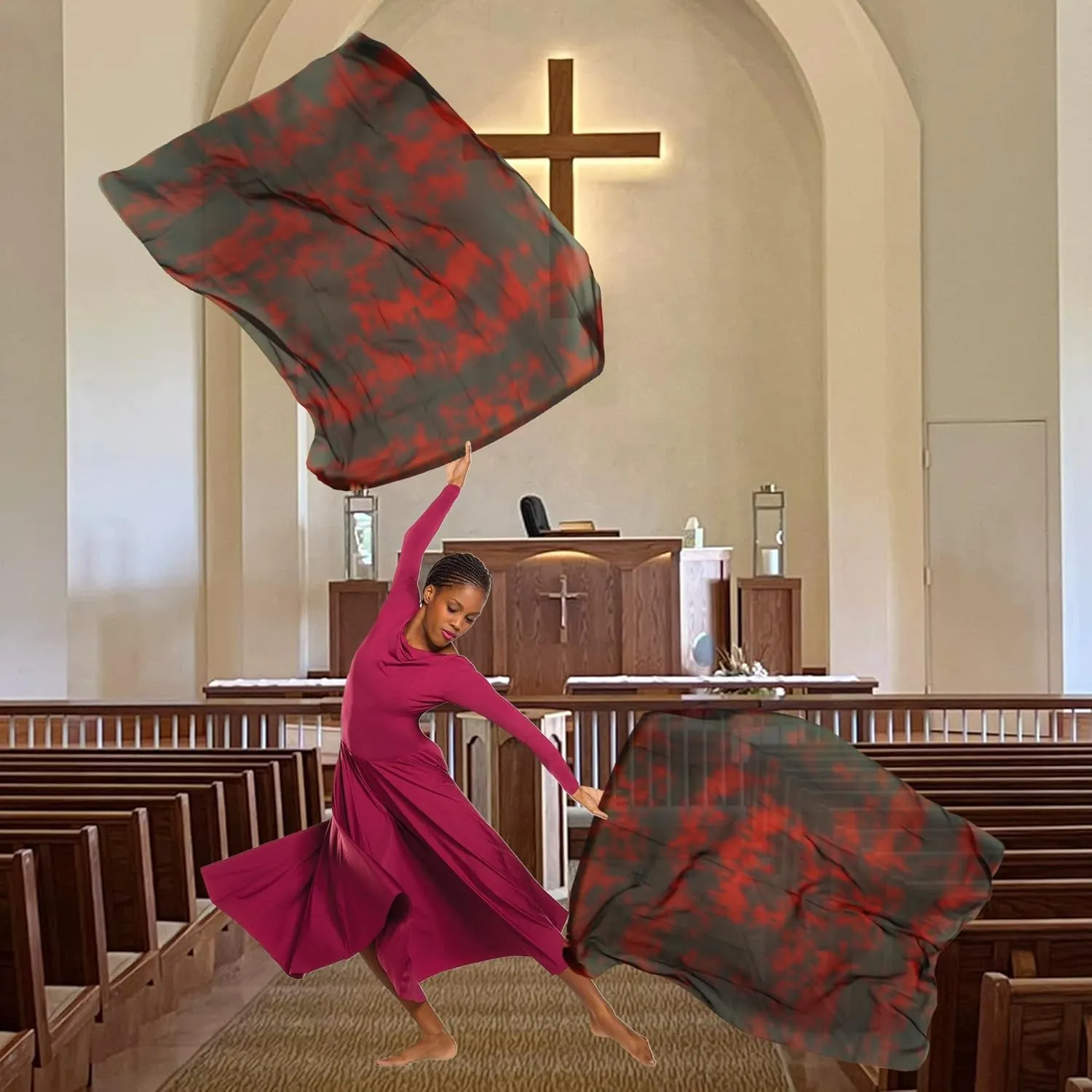 54"x45" Worship Flags for Dance Church, Praise Dance Flags for Worship, Silk-like Chiffon Flag with Flexible Rod & Carrying Bag, Set of 2, Red-Black