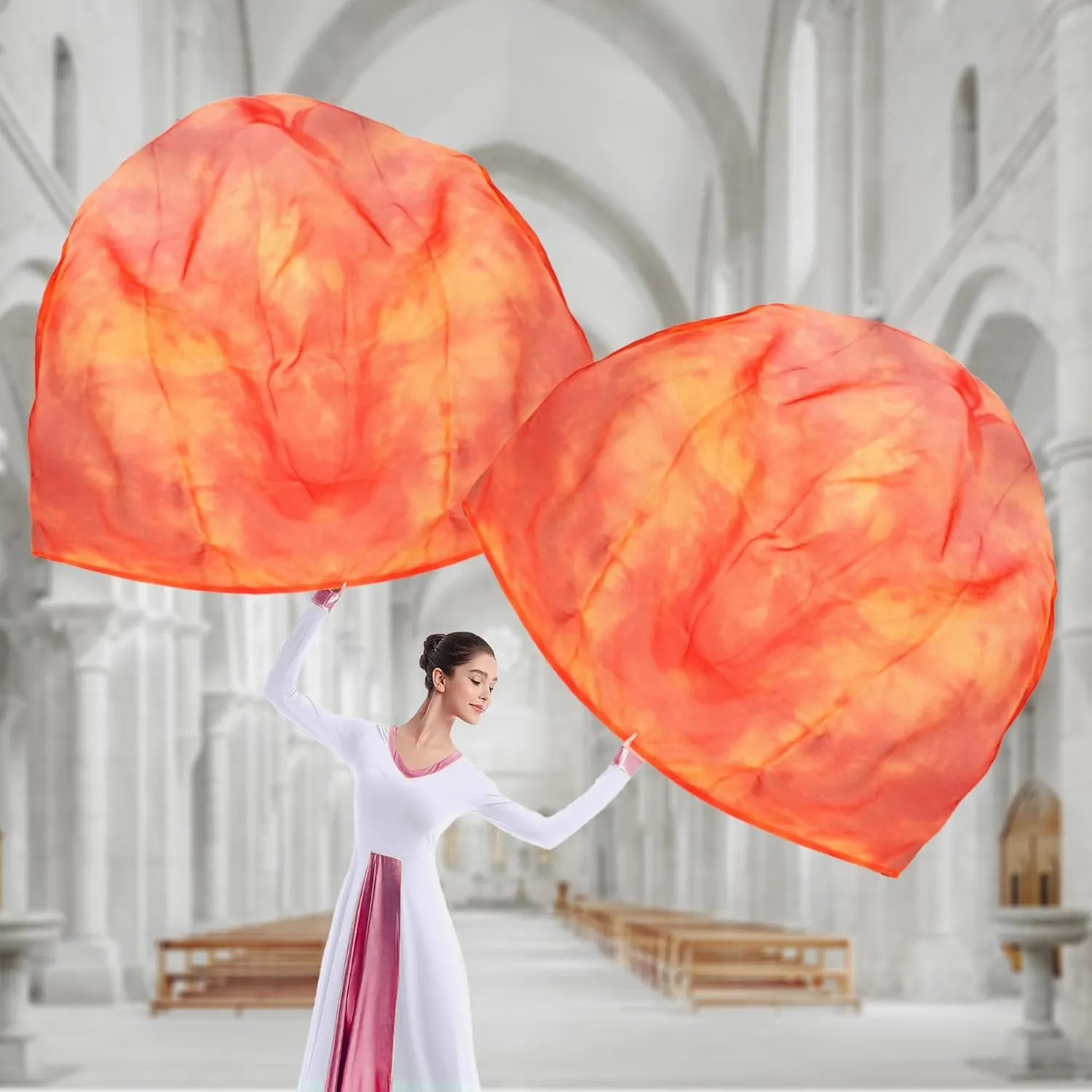 54"x54" Worship Flags for Dance Church, Praise Dance Flags, Silk-like Chiffon Flag with Flexible Rods & Storage Bag, Set of 2, Orange-Red
