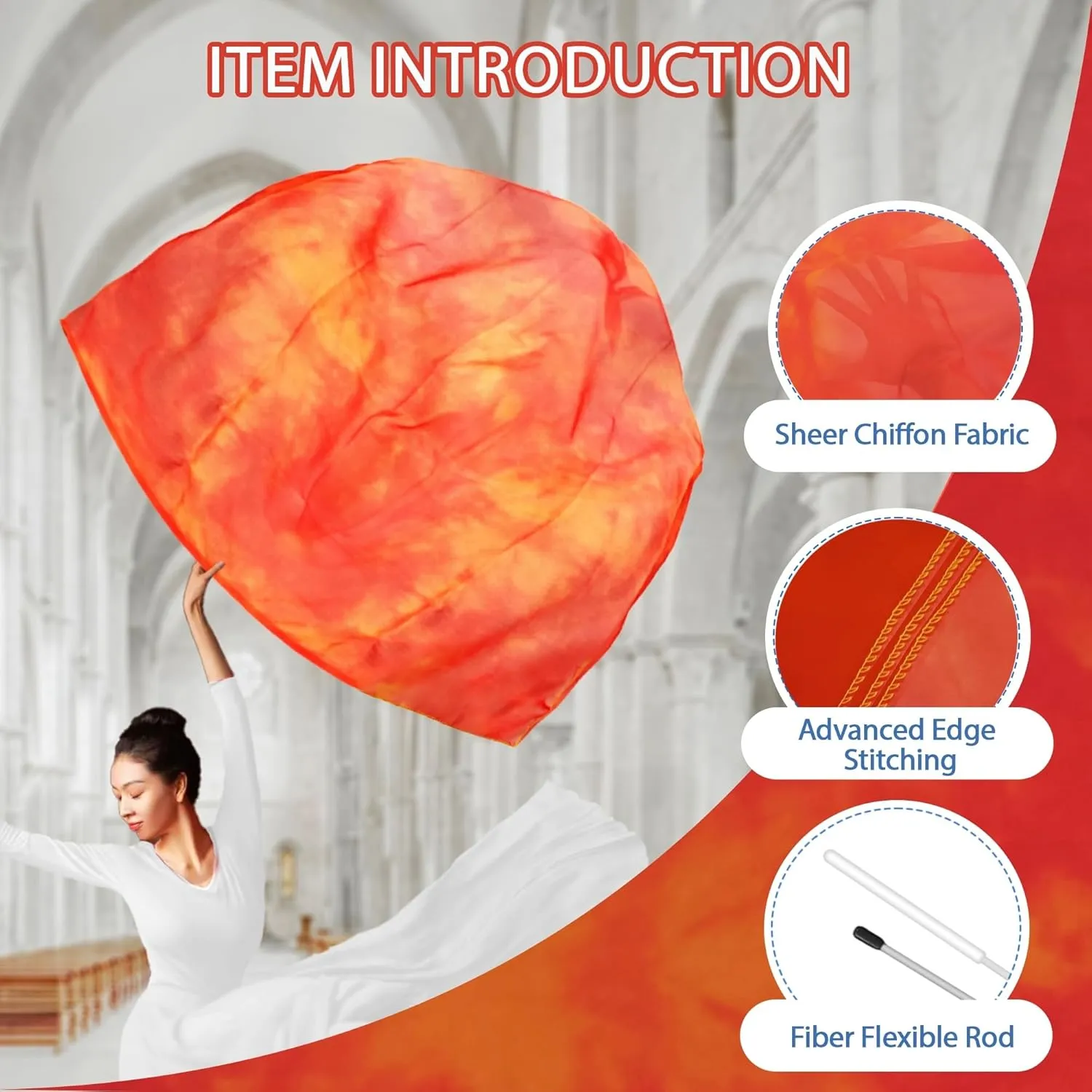 54"x54" Worship Flags for Dance Church, Praise Dance Flags, Silk-like Chiffon Flag with Flexible Rods & Storage Bag, Set of 2, Orange-Red