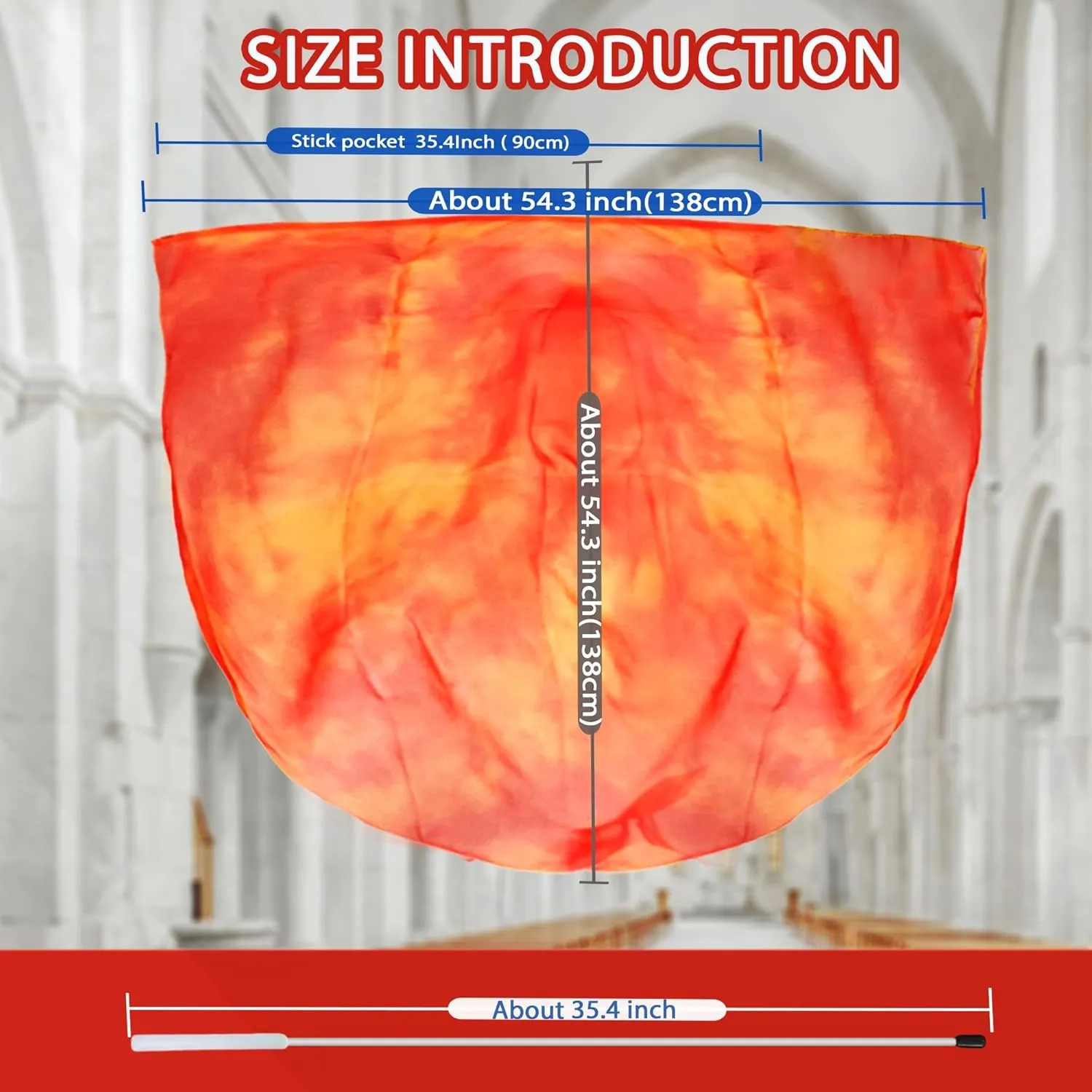 54"x54" Worship Flags for Dance Church, Praise Dance Flags, Silk-like Chiffon Flag with Flexible Rods & Storage Bag, Set of 2, Orange-Red