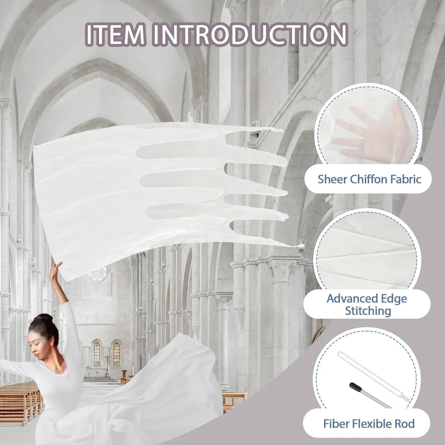 55'' Double Layered Worship Flags for Dance Church, Praise Dance Flags for Worship, Praise Flag with Flexible Rod and Storage Bag, Set of 2, White