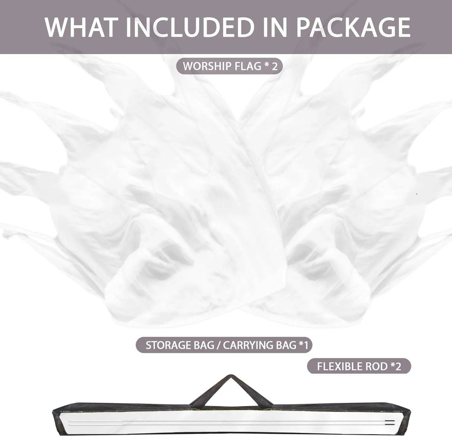 59'' Double Layered Worship Flags for Dance Church, Praise Dance Flags for Worship, Praise Flag with Flexible Rod and Storage Bag, Set of 2, White