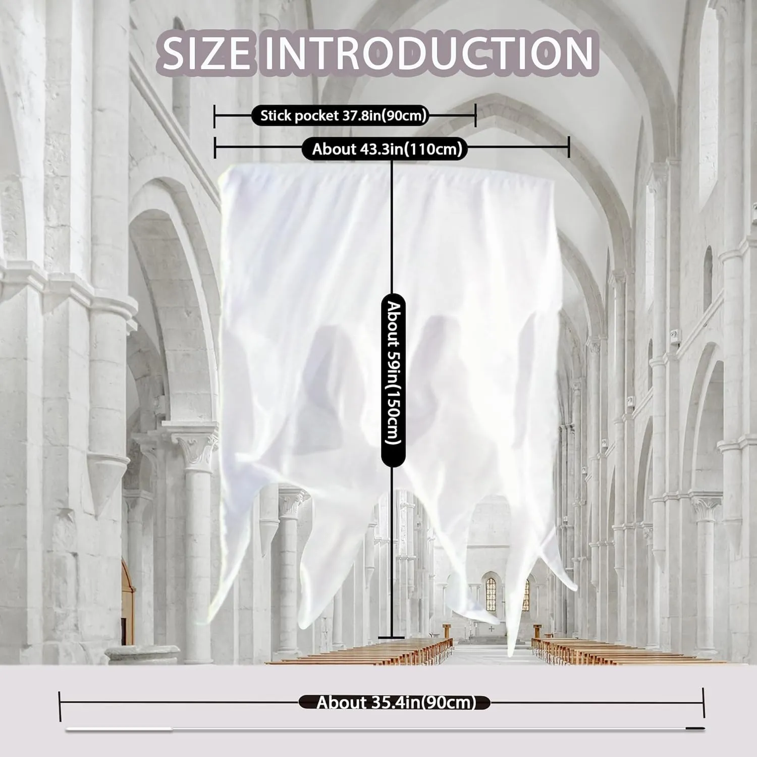 59'' Double Layered Worship Flags for Dance Church, Praise Dance Flags for Worship, Praise Flag with Flexible Rod and Storage Bag, Set of 2, White