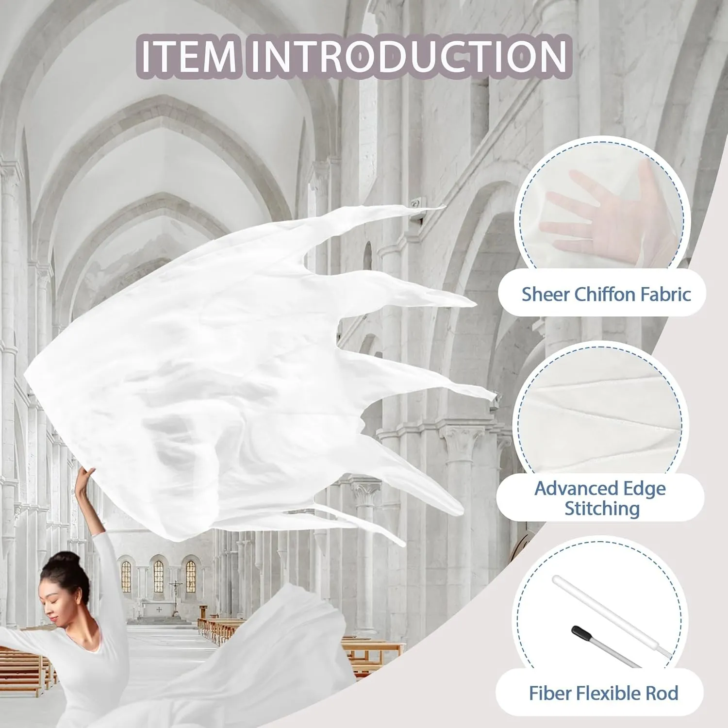 59'' Double Layered Worship Flags for Dance Church, Praise Dance Flags for Worship, Praise Flag with Flexible Rod and Storage Bag, Set of 2, White