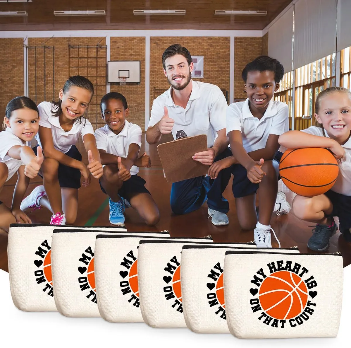 6 Pcs Basketball Stuff Accessories for Women Sports Lover Fans - Inspirational Makeup Bag - Cosmetic Bag for Coach & Team Gifts