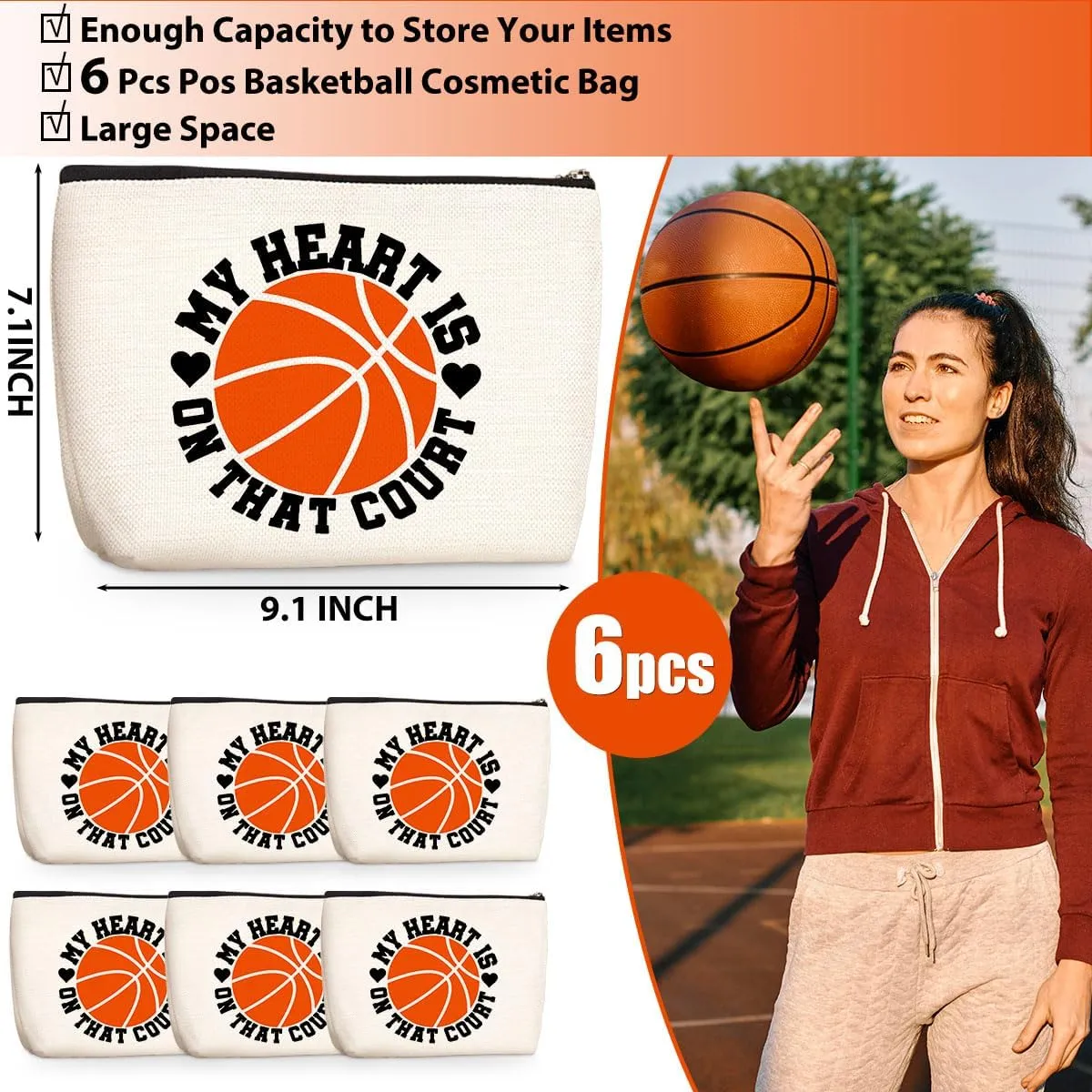 6 Pcs Basketball Stuff Accessories for Women Sports Lover Fans - Inspirational Makeup Bag - Cosmetic Bag for Coach & Team Gifts