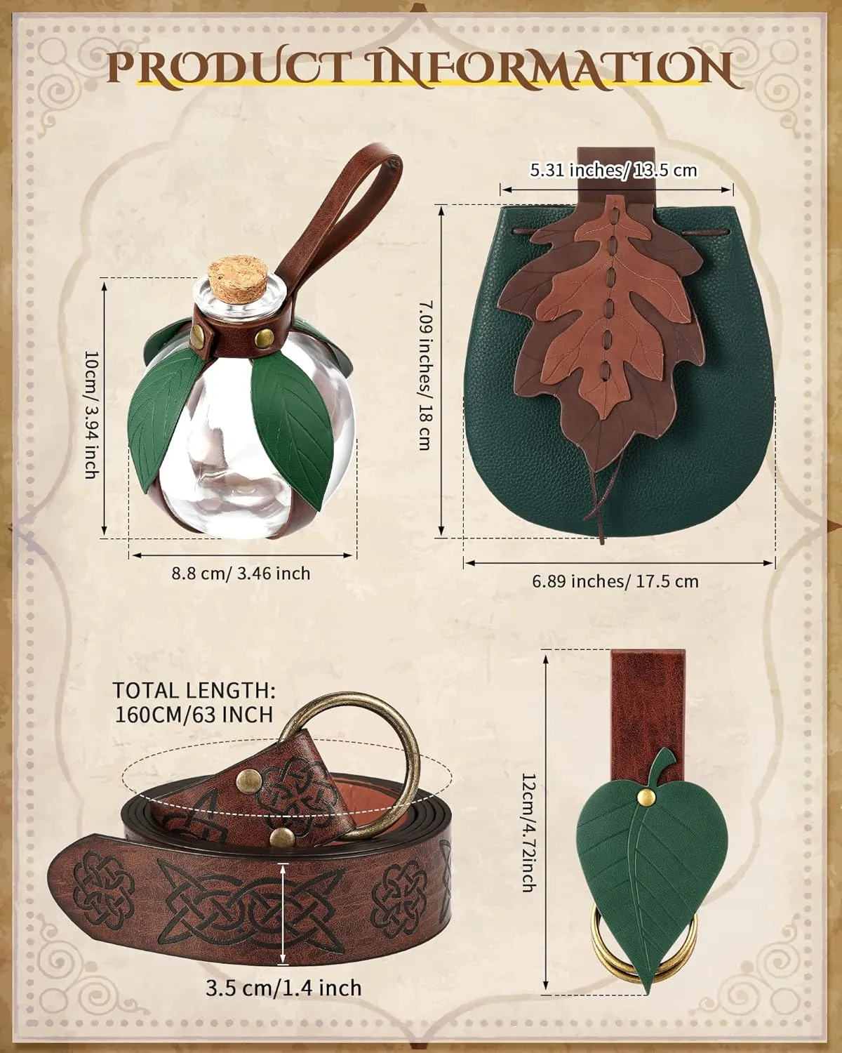 6 Pcs Women Renaissance Accessories Leaf Belt Bag Medieval Viking Belt Potion Bottles Leather Skirt Hikes