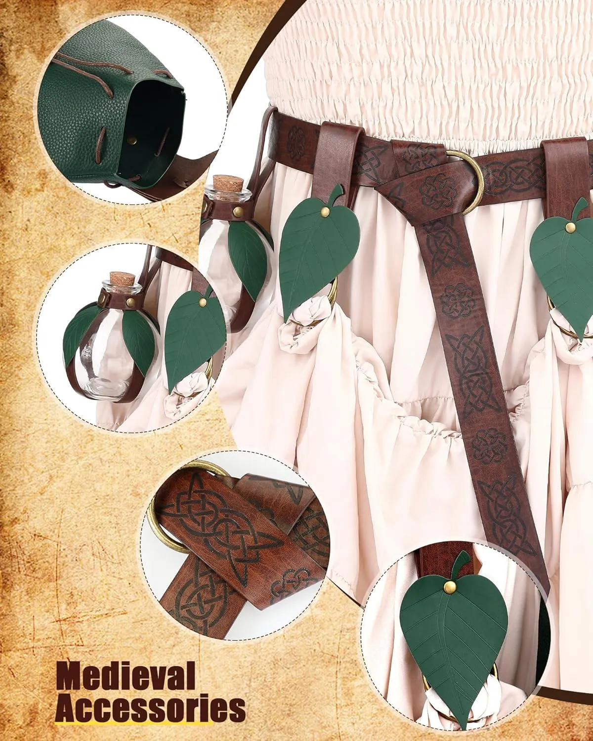 6 Pcs Women Renaissance Accessories Leaf Belt Bag Medieval Viking Belt Potion Bottles Leather Skirt Hikes